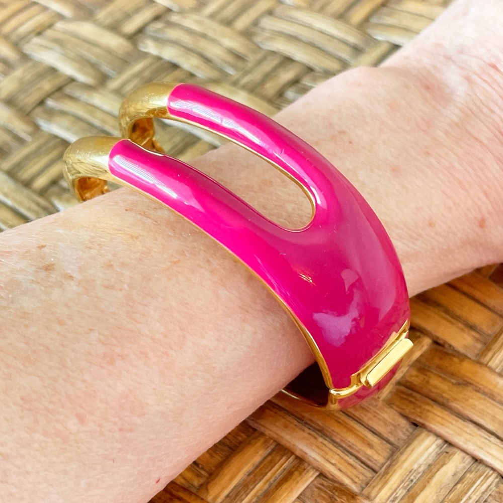 Vintage Monet Gold and Pink Clamper Bangle Bracelet - Picture 12 of 13